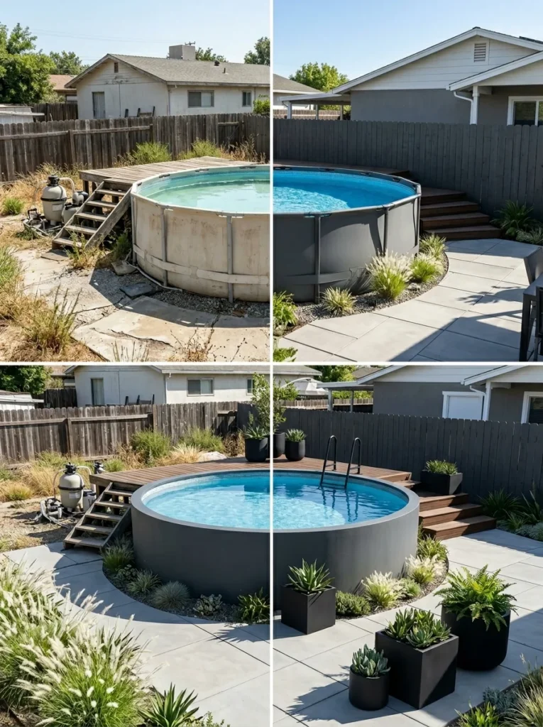 Above ground pool makeover with painted charcoal gray exterior finish