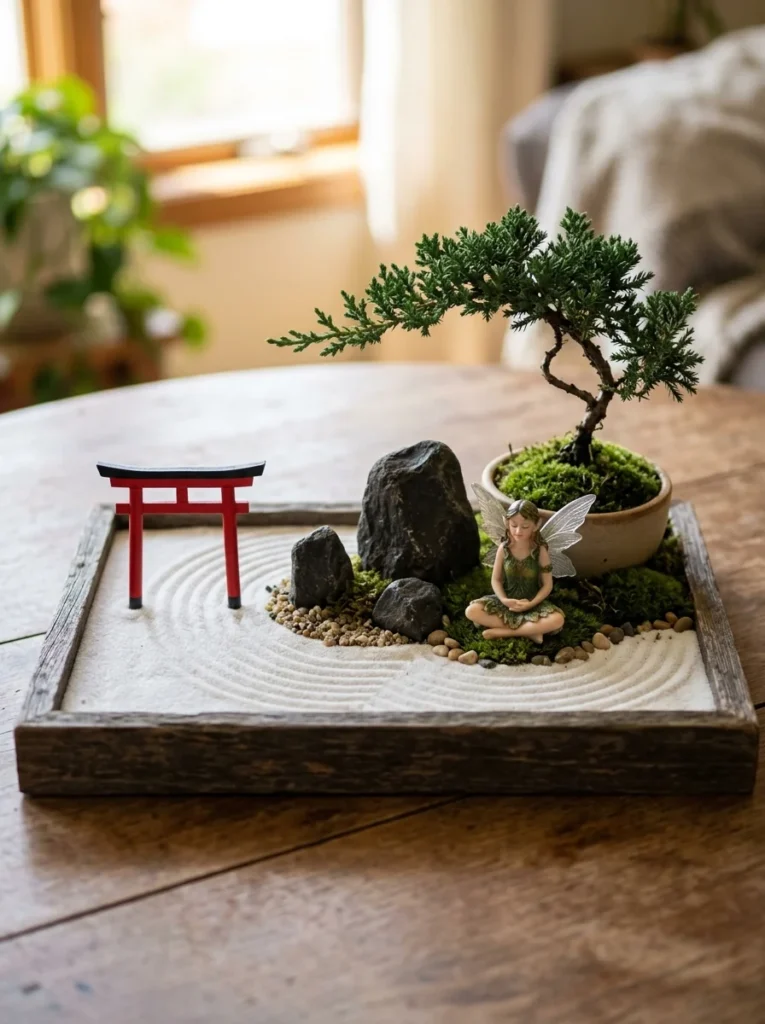 A Japanese-inspired miniature zen garden with raked sand and a fairy figurine.