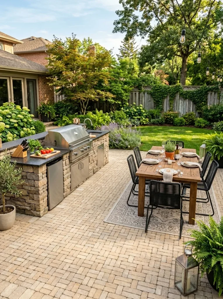 Large rectangular paver patio with outdoor kitchen, stainless steel grill, and outdoor dining table in backyard