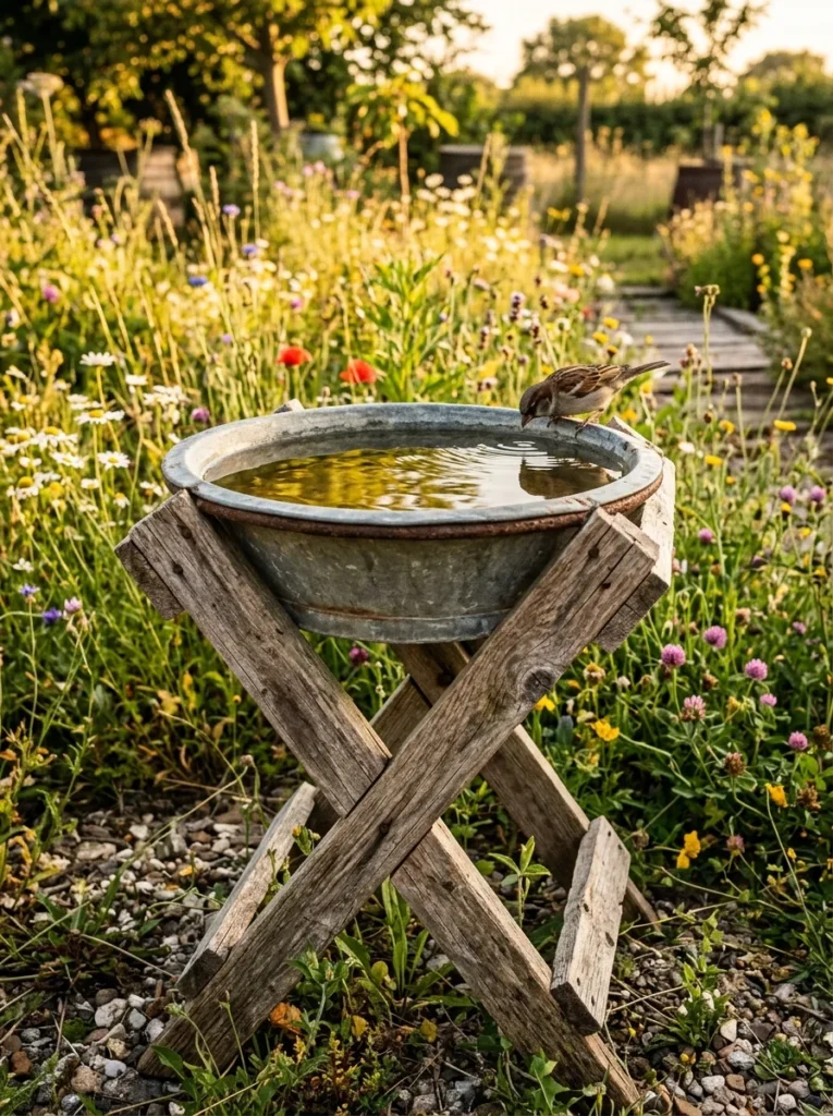 Rustic pallet wood DIY bird bath with galvanized metal bowl in a wildflower garden