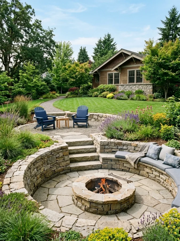 Tiered backyard fire pit seating area built into a sloped yard with stone retaining walls, a curved bench, and Adirondack chairs