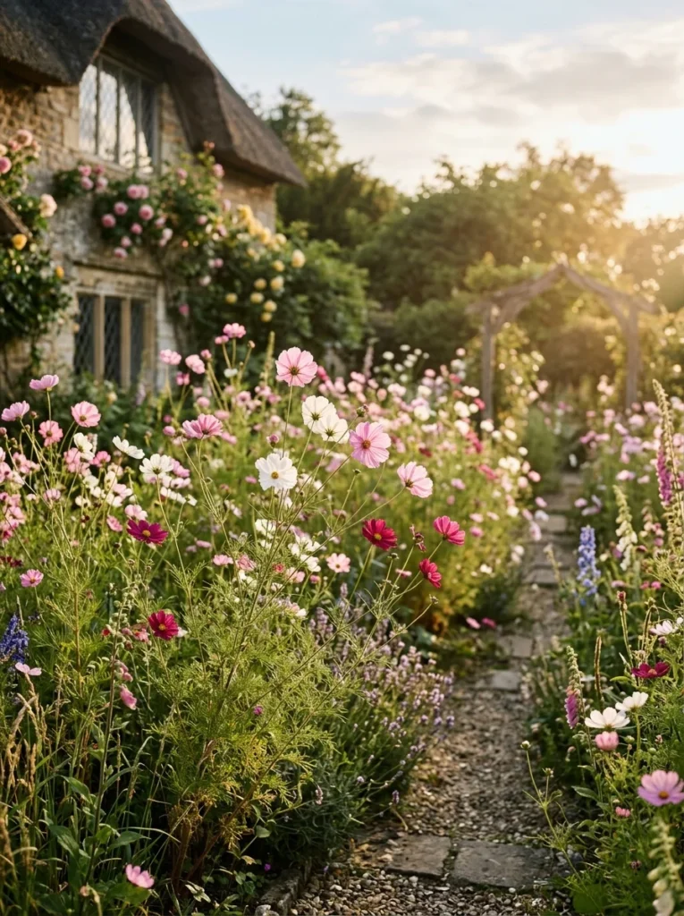 delicate pink and white cosmos summer cut flowers swaying in cottage garden