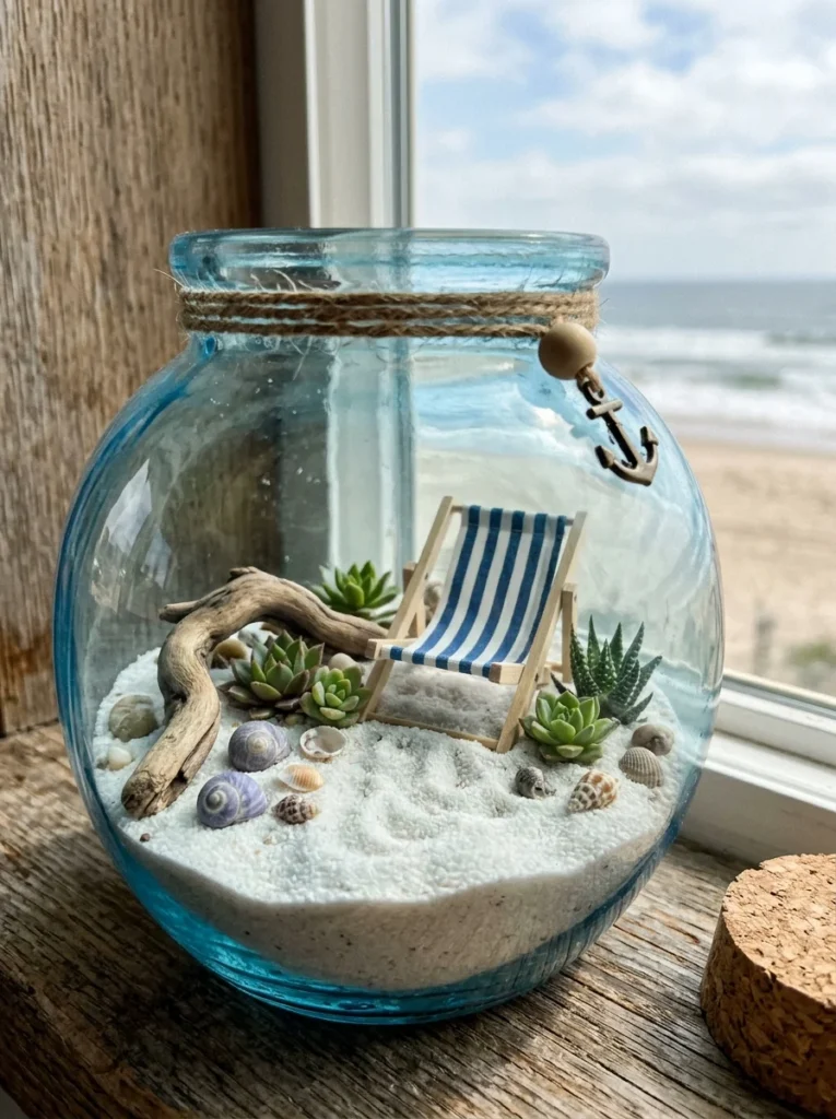 A summer-themed fairy garden with sand, seashells, and miniature beach furniture.