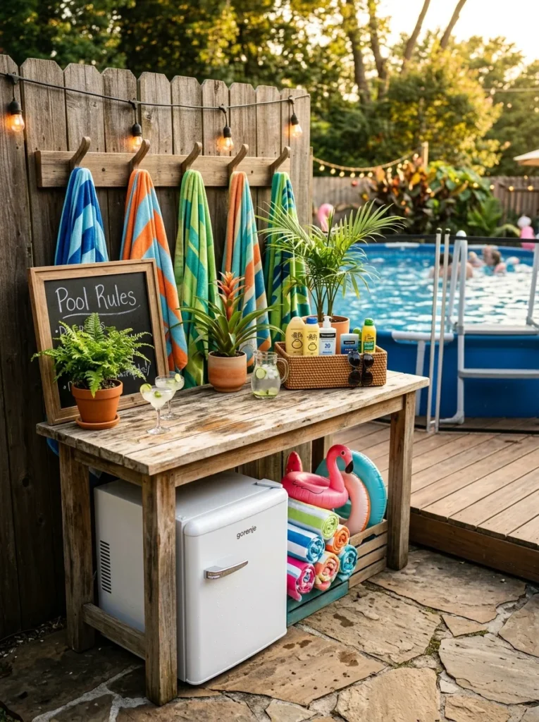 Above ground pool bar station ideas with teak console and towel hooks