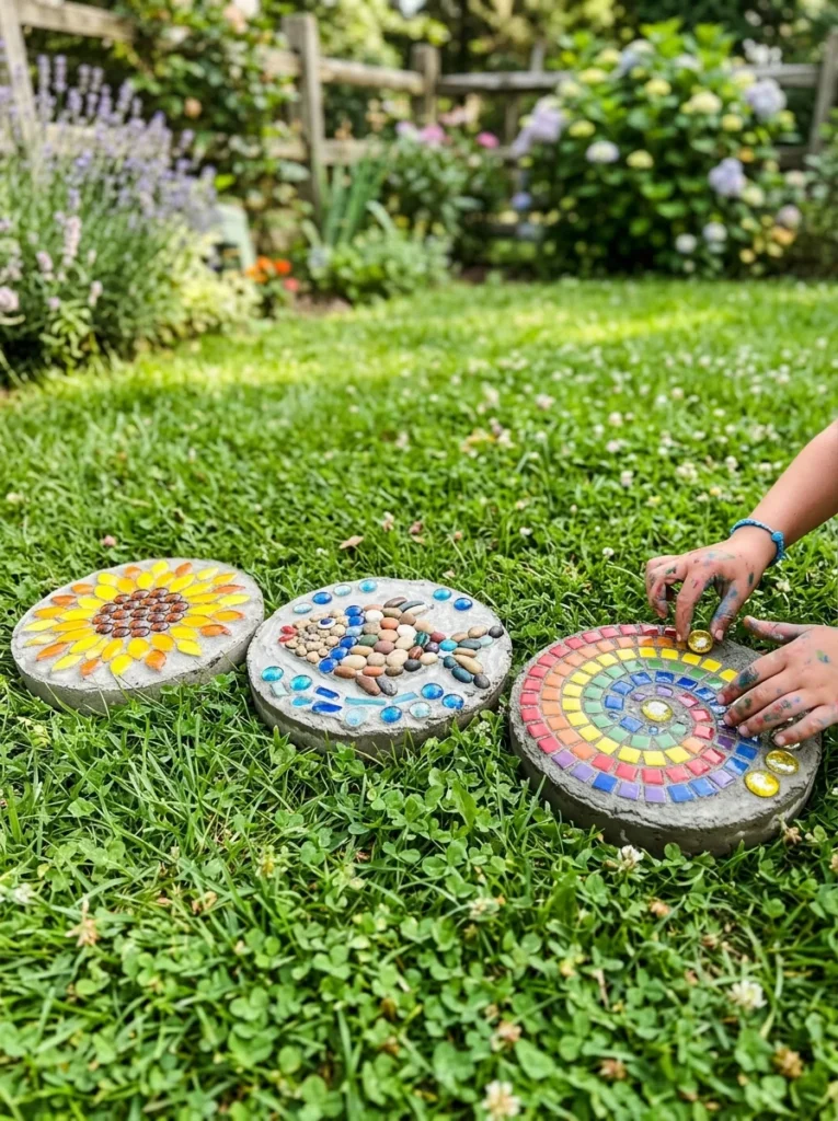children's handmade mosaic stepping stones with pebbles glass gems and tiles
