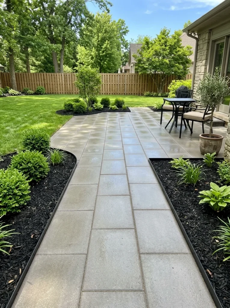 Clean low-maintenance paver patio with sealed polymeric sand joints and no weeds surrounded by black mulch beds