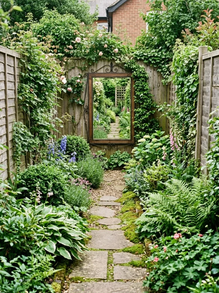 arrow backyard garden ideas using outdoor mirror to make small space look bigger