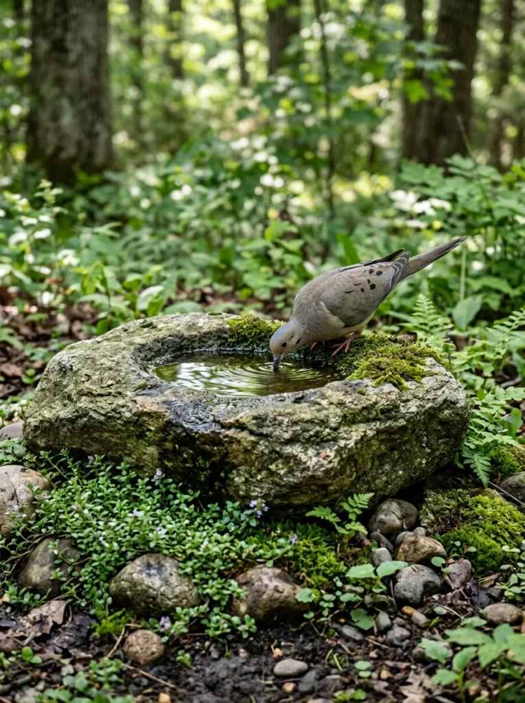Natural rock DIY bird bath idea made from a large flat stone in a garden landscape