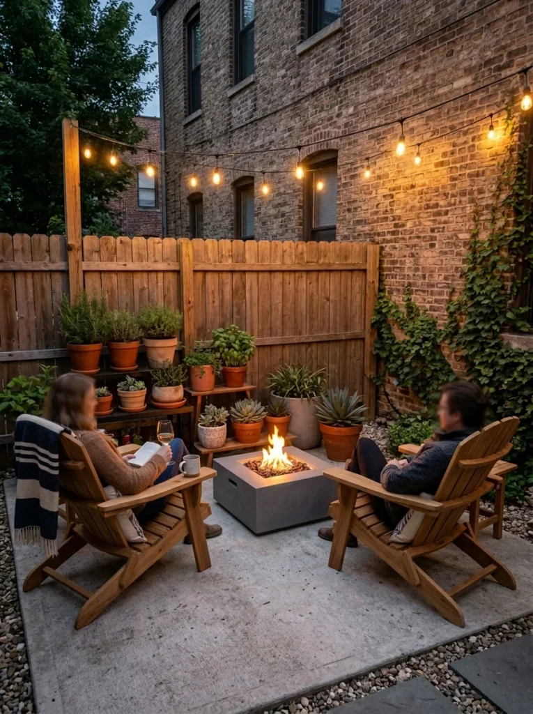 Small backyard fire pit seating with two folding teak chairs around a compact square gas fire pit table on a small concrete patio