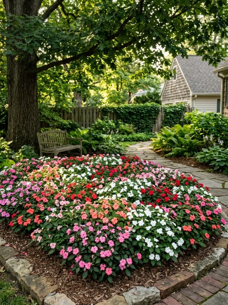 bright pink impatiens shade summer flowers massed under tree canopy