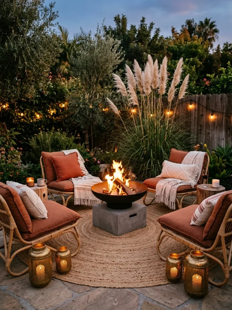 Boho backyard fire pit lounge area with four low rattan chairs in a circle around a matte black steel fire bowl on a jute rug
