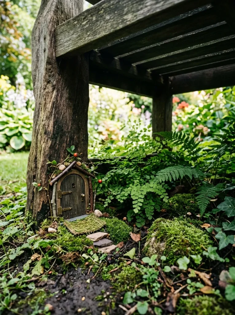Shade-loving plants and a tiny door hidden underneath a wooden garden bench.