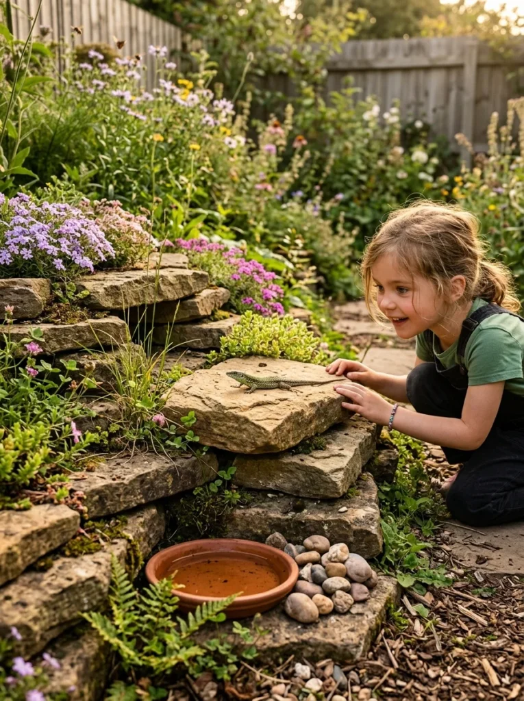 children's wildlife rock shelter garden with stacked stones toad habitat and native plants