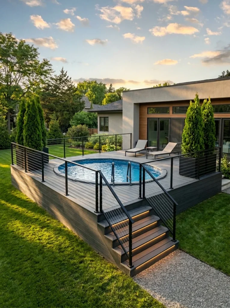 Modern above ground pool ideas with composite deck and cable rail fence