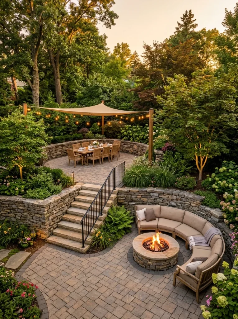 Multi-level tiered paver patio with stone retaining walls, wide steps, dining area above and fire pit lounge below