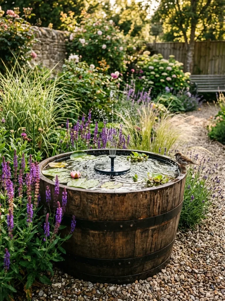 Half wine barrel repurposed as a large DIY bird bath fountain in a backyard garden