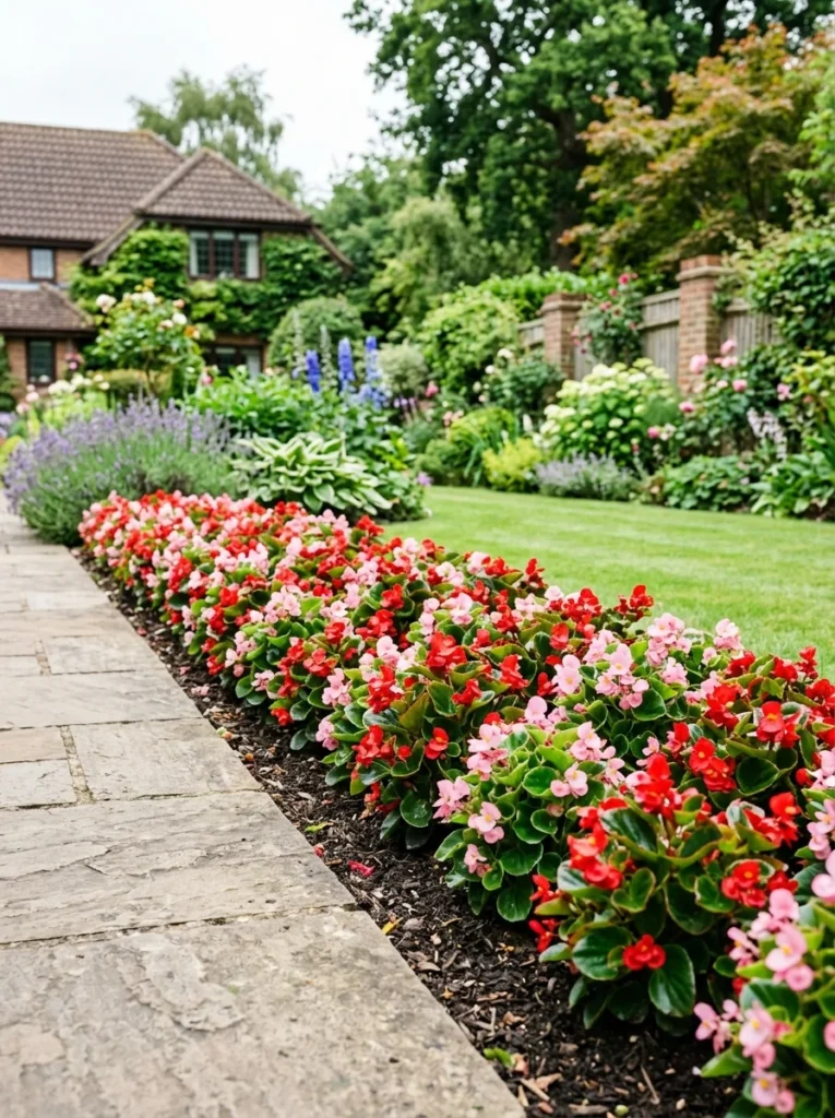 red and pink wax begonia annual summer flowers in neat garden border