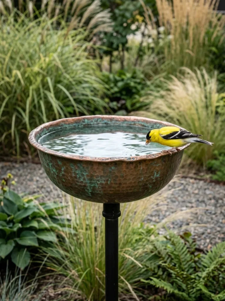 Elegant hammered copper bowl DIY bird bath on metal pedestal in a modern garden