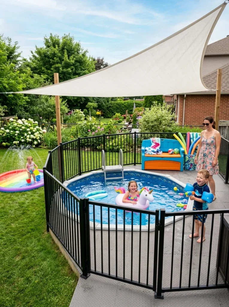 Family-friendly above ground pool ideas with safety fence, shade sail, and splash zone