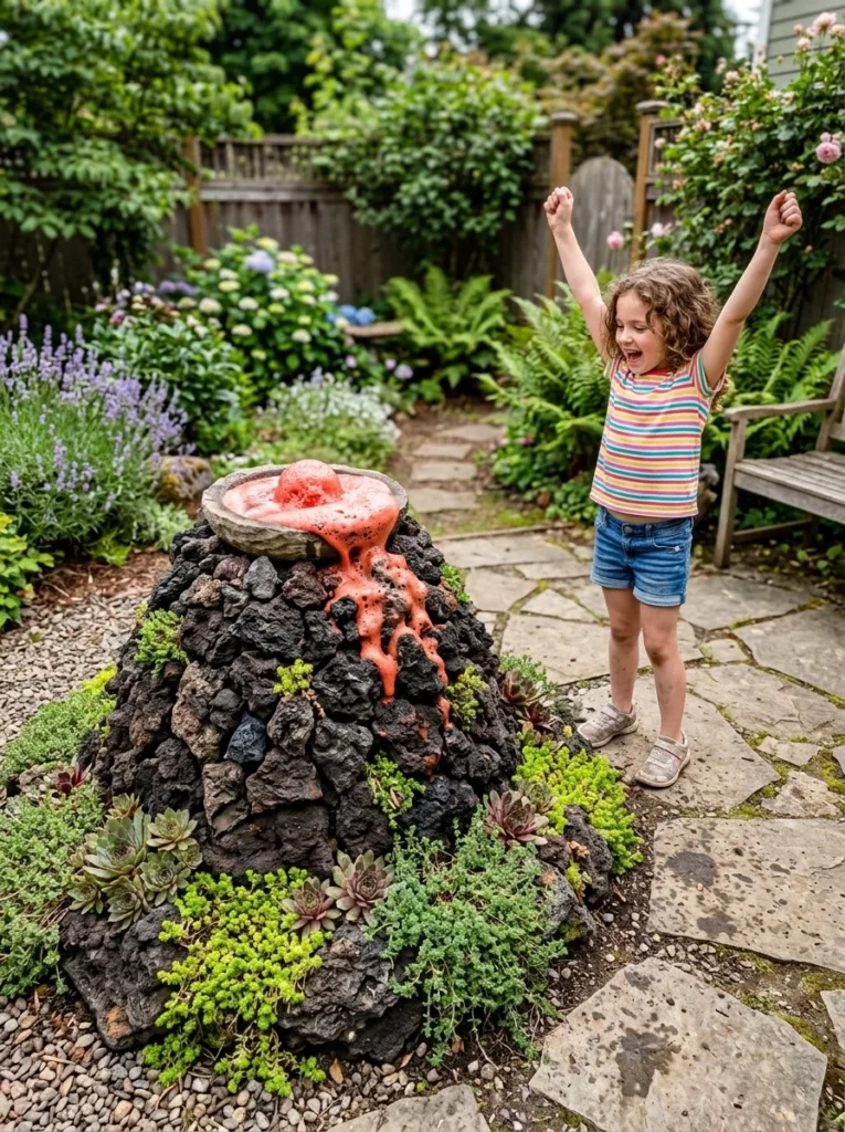 children's backyard volcano rock garden mound with lava rocks succulents and eruption