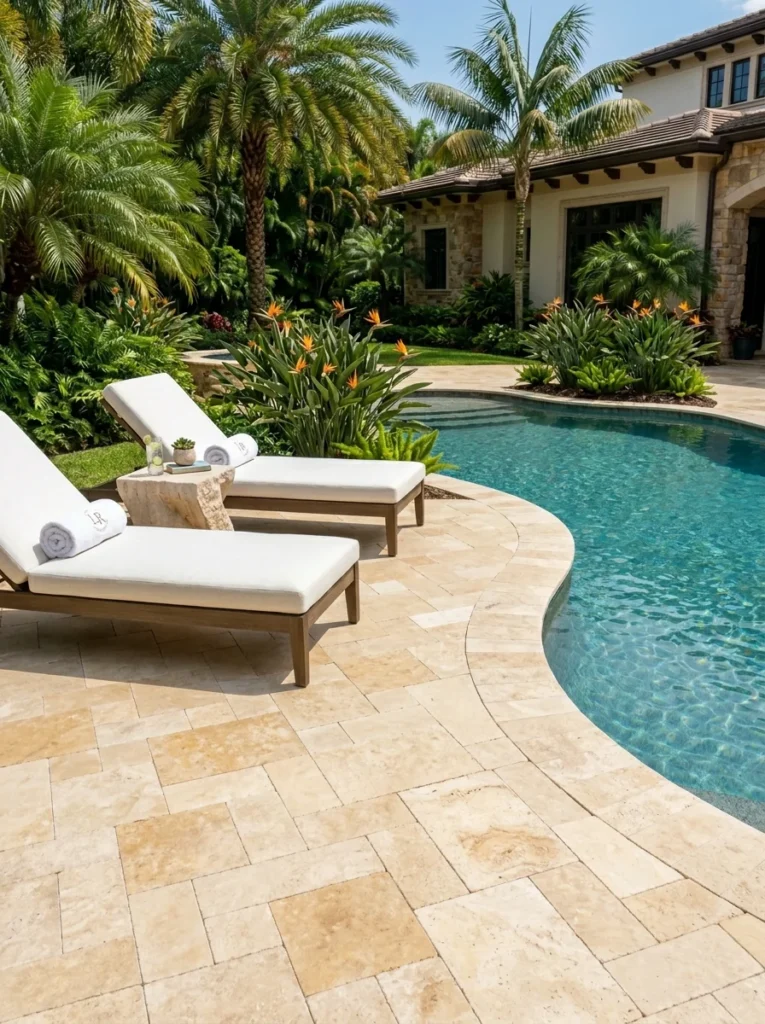 Luxurious travertine paver patio in cream and honey tones with pool edge, white lounge chairs, and tropical plants