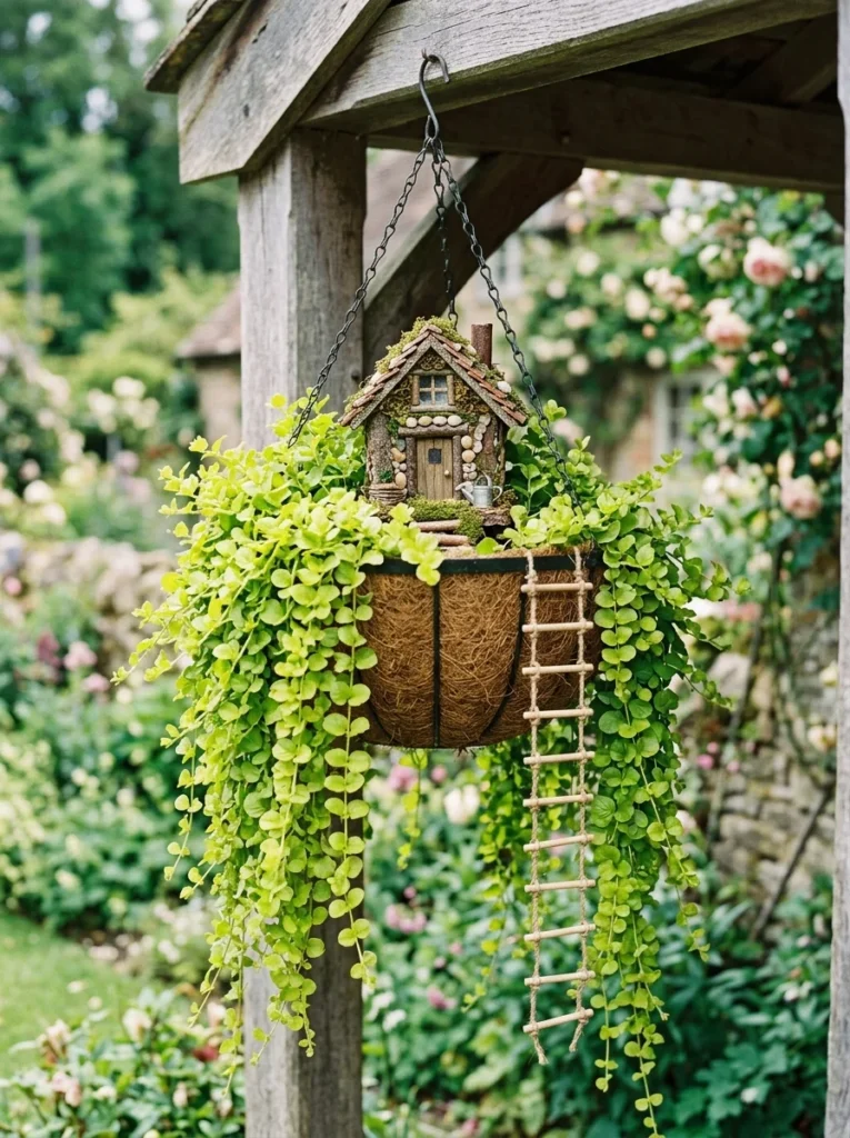 A hanging flower basket transformed into a tiered miniature fairy world.