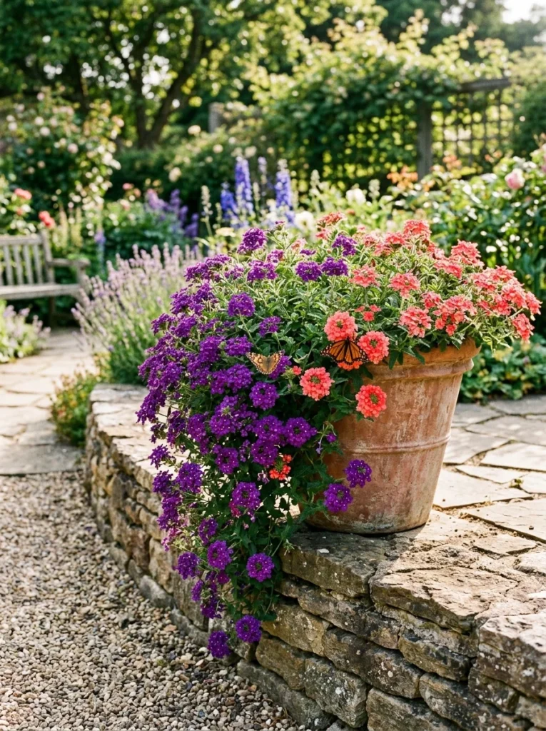 trailing purple verbena summer container flowers cascading over pot with butterfly