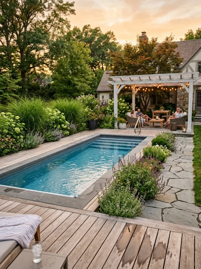 Above ground pool ideas that look like in-ground pool with flush deck and full landscaping