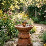 DIY bird bath ideas for backyard gardens — terracotta stacked pot bird bath with splashing robin