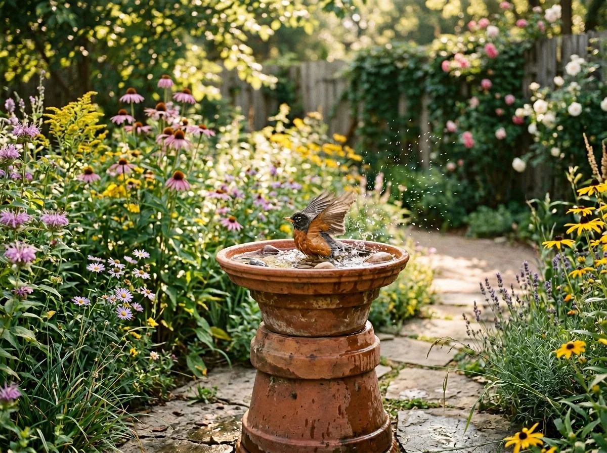 DIY bird bath ideas for backyard gardens — terracotta stacked pot bird bath with splashing robin