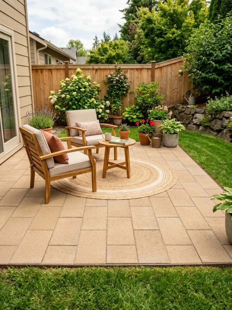 DIY-friendly running bond pattern paver patio with tan rectangular pavers, outdoor rug, and two chairs