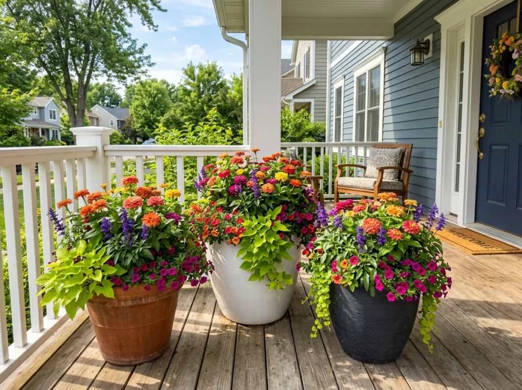 full sun planter ideas for front porch with colorful flowers