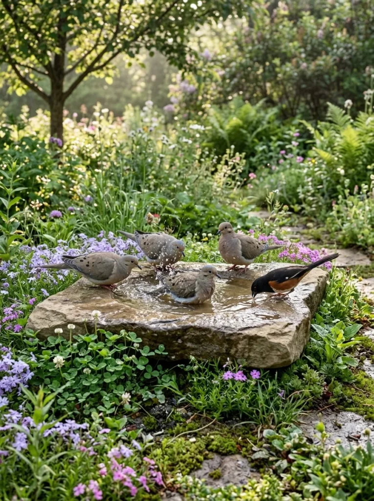 Ground level flat rock DIY bird bath idea surrounded by native plants in a backyard garden