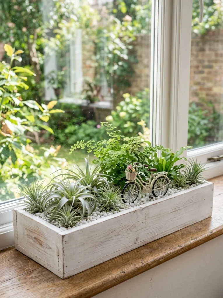 A narrow indoor window box featuring air plants and fairy garden accessories.