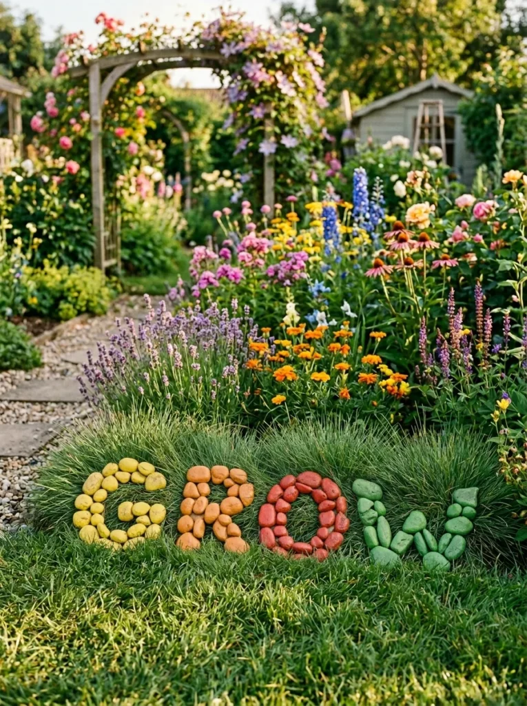 rock letter garden name sign spelling GROW with painted stones in kids garden