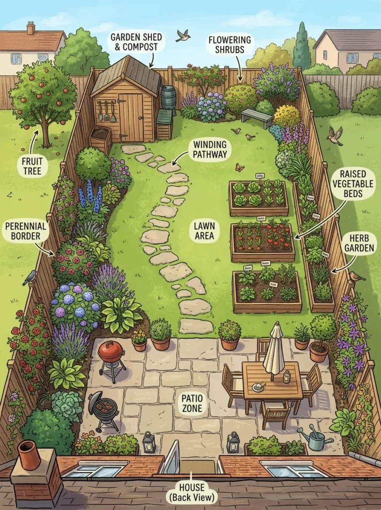 small backyard garden layout showing patio seating zone pathway raised beds and planting areas