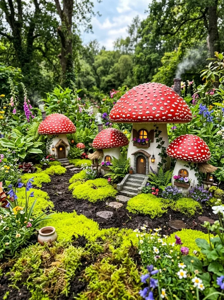A fairy garden featuring various mushroom-shaped houses and toadstool decorations.