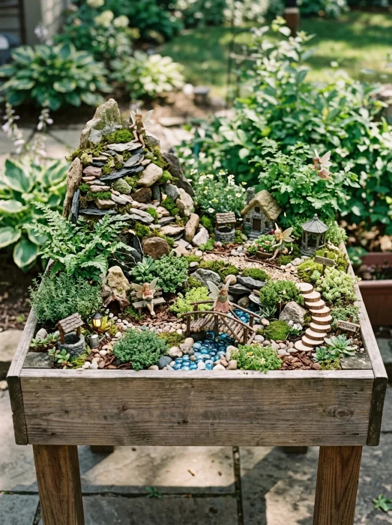 A waist-high raised garden bed dedicated entirely to a detailed fairy landscape.