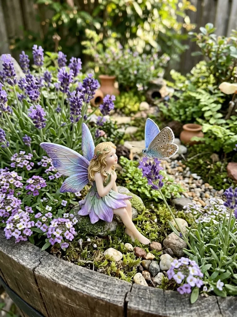 A fairy garden designed with pollinator plants to attract real butterflies.