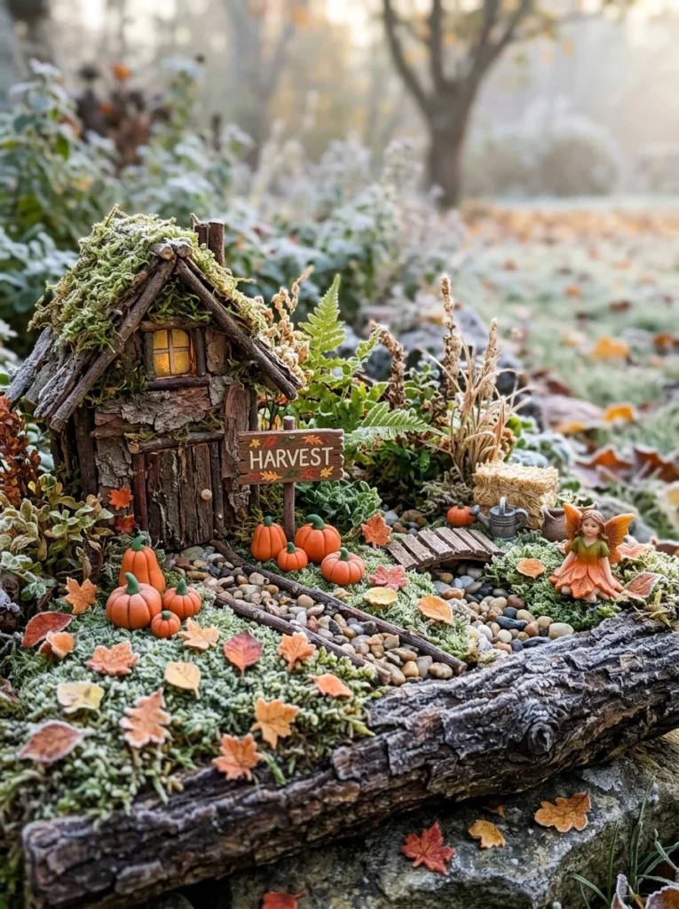 A seasonal fairy garden decorated with tiny pumpkins and fall leaves.