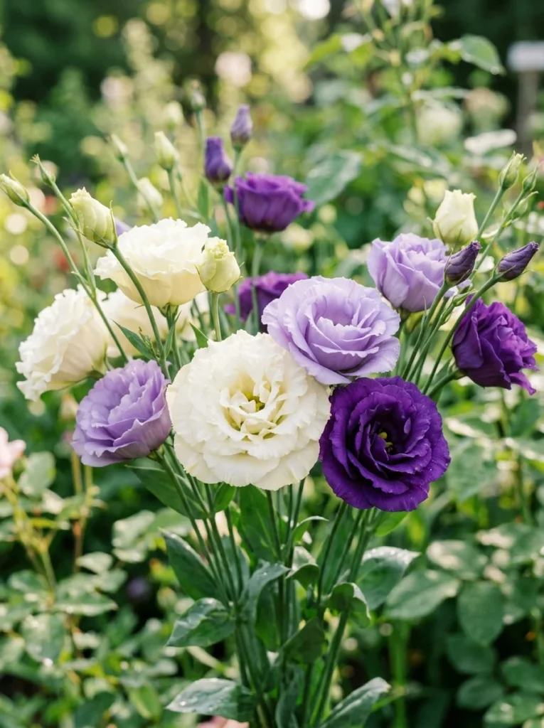 elegant white purple lisianthus summer cut flowers bouquet arrangement garden