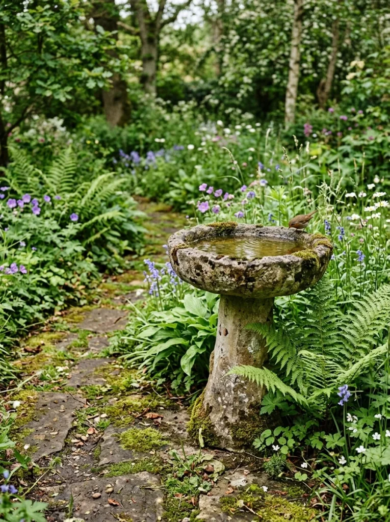 Homemade concrete DIY bird bath with weathered stone texture in a garden