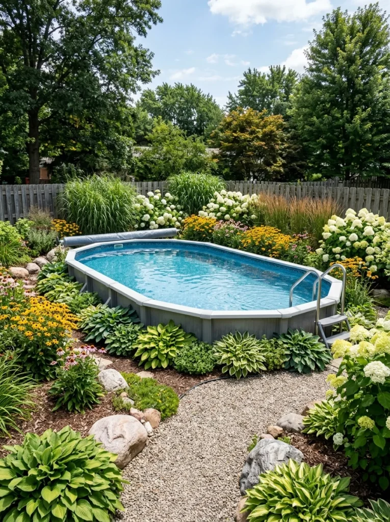 Above ground pool landscaping ideas with ornamental grasses and flowering shrubs