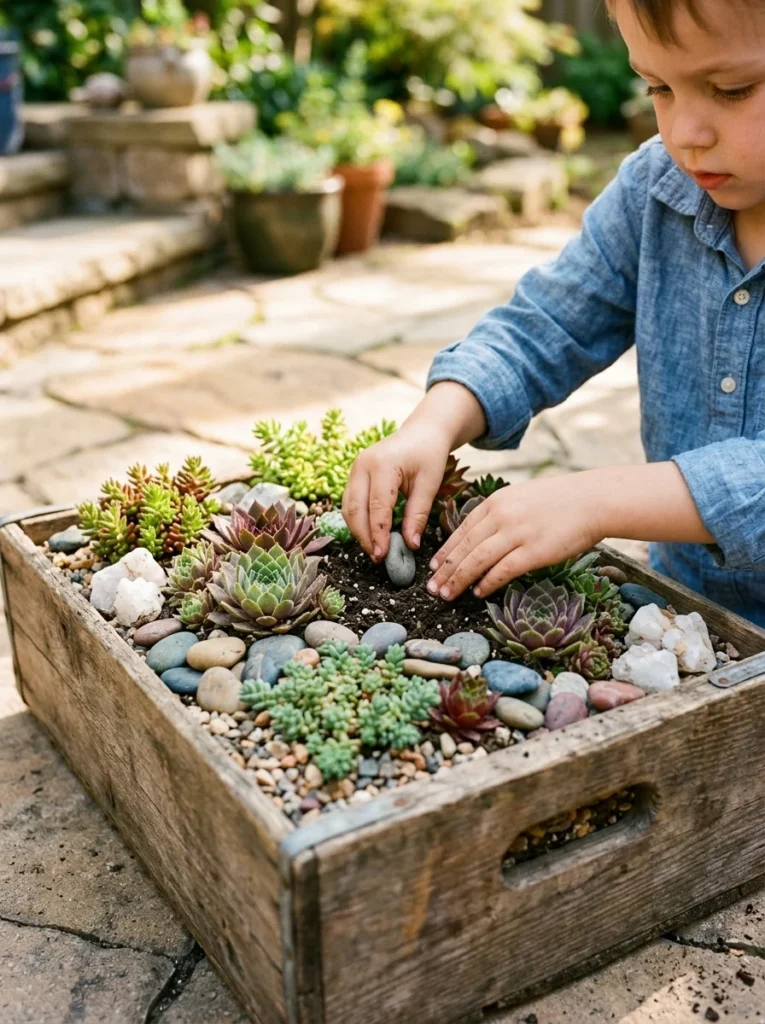 mini kids rock garden in a wooden crate with succulents and pebbles