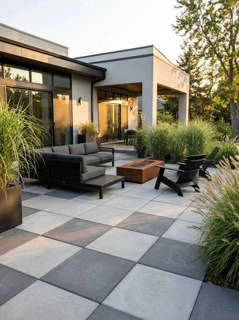 Modern backyard paver patio with large gray concrete pavers and minimalist outdoor furniture