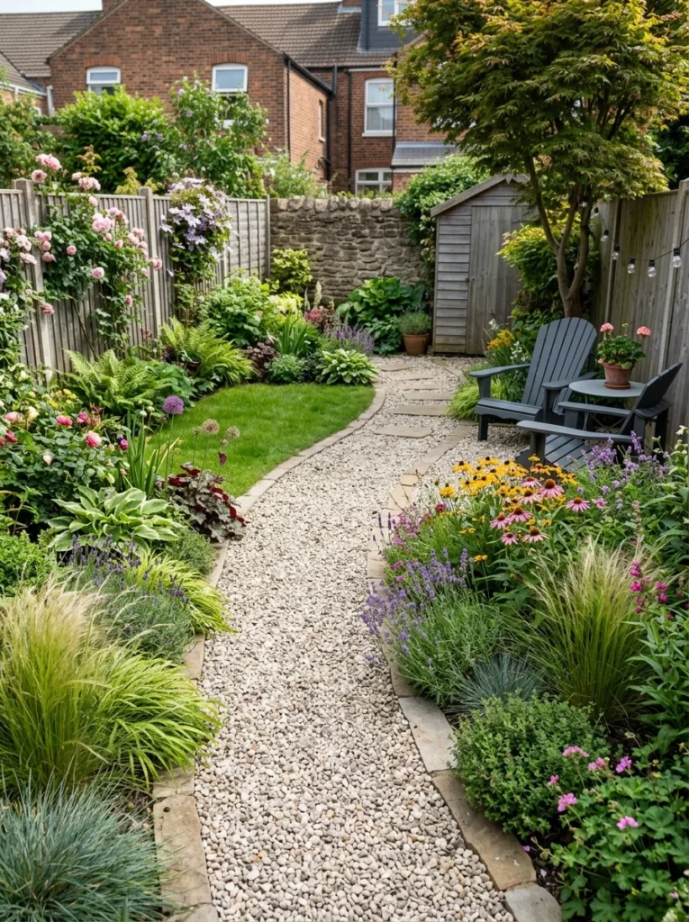small backyard with gravel pathway dividing garden zones and ornamental grasses