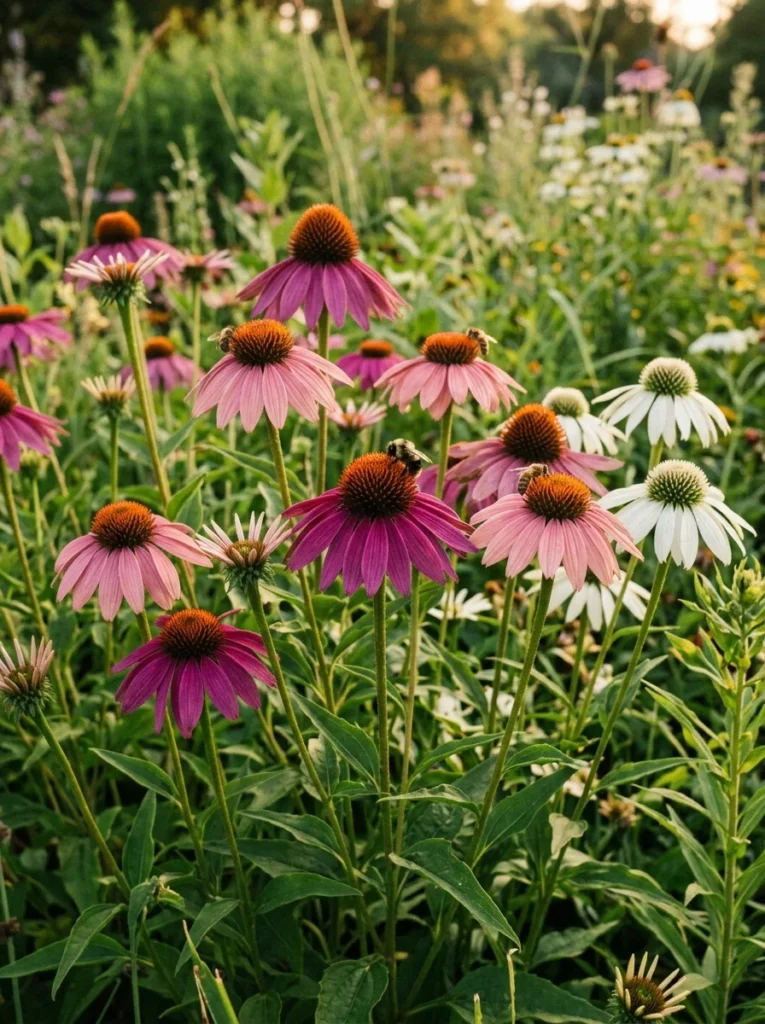 purple echinacea coneflowers best perennial summer flowers with bee