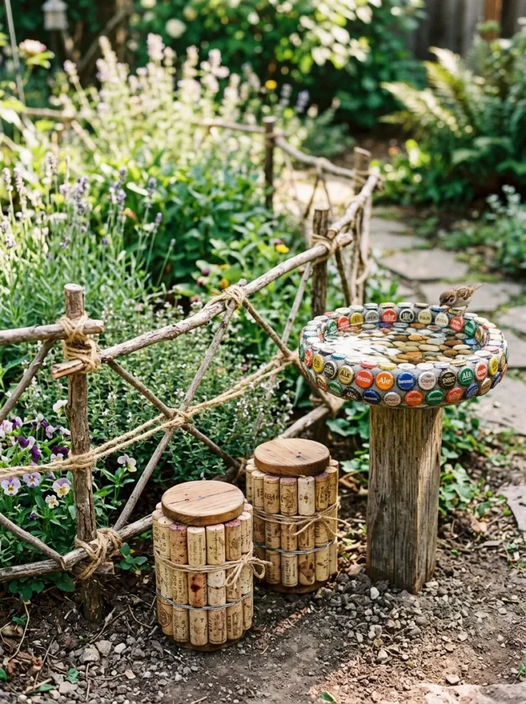 Homemade fairy garden furniture made from wine corks, twigs, and recycled materials.