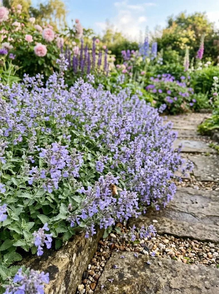 catmint lavender blue summer edging flowers spilling over garden path with bee