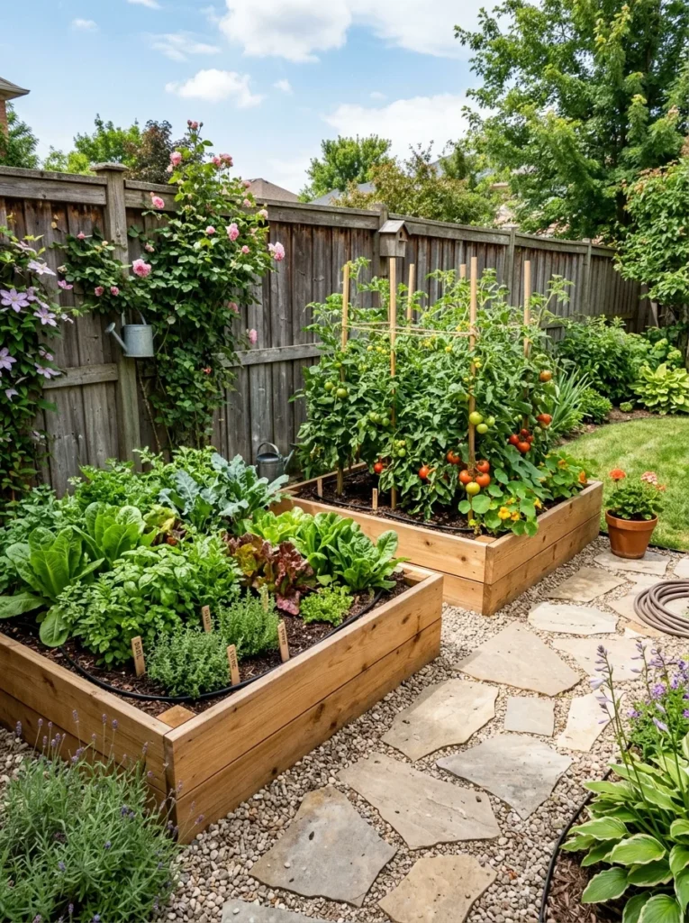 small backyard with raised beds for vegetable and herb garden layout